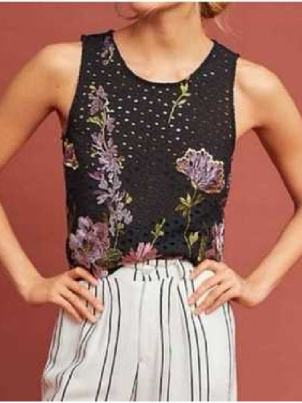 Anthropologie Meadow Rue Harriet Black Embroidered Floral Eyelet Tank - Picture 2 of 6